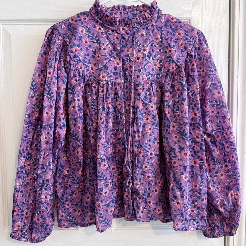 Emerson Fry Emmaline Blouse Women Size S Violet Wildflower Organic Cotton Yoked